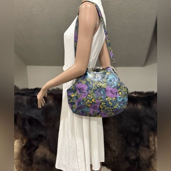 Original Design! Cowhide Leather Floral Print Handmade Metal Frame Slouchy Bag - Picture 3 of 16